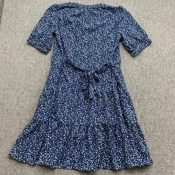 Draper James Blue Floral Dress Women's XL Ruffle Tie Waist Cottagecore - Picture 3 of 7